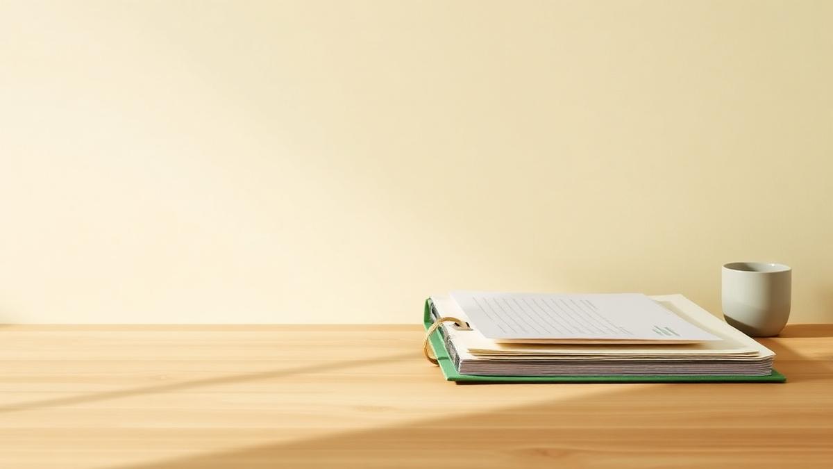 An organised binder of family documents on a sunlit desk